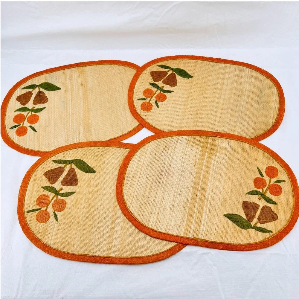 Vintage Abaca Woven Placemats Set‎ of 4 Fruit Embroidery Orange Oval Philippines